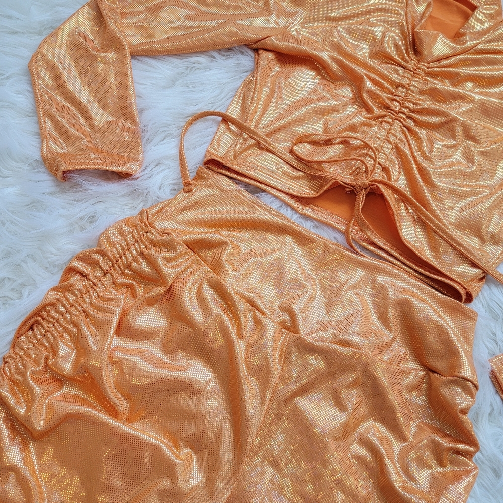 Orange Shiny Two Piece Rave Set - Picture 3 of 4